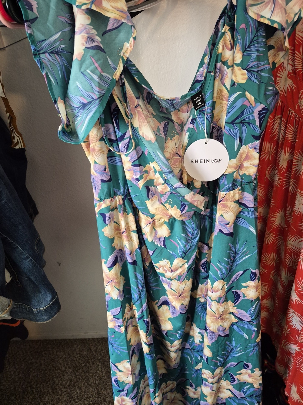 SHEIN Teal Floral Ruffle-Sleeve Camisole Top